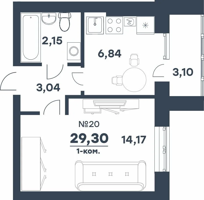 Планировка 1-комн. квартира, 29.3 м² ЖК «мкр. Долина»
