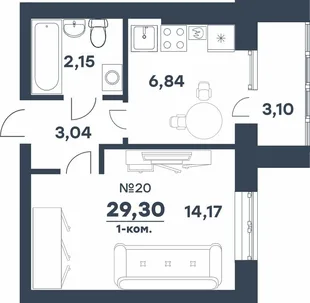 Планировка 1-комн. квартира, 29.3 м² ЖК «мкр. Долина»