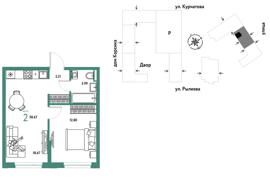 Планировка 2-комн. квартира, 38.85 м² ЖК «Остров-сад»