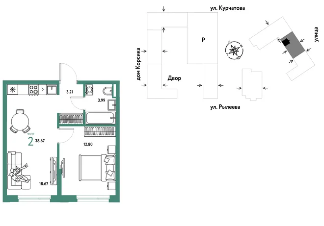 Планировка 2-комн. квартира, 38.85 м² ЖК «Остров-сад» Планировка 2-комн. квартира, 38.85 м² ЖК «Остров-сад»