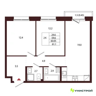 Планировка 2-комн. квартира, 60.05 м² ЖК «Лисино»