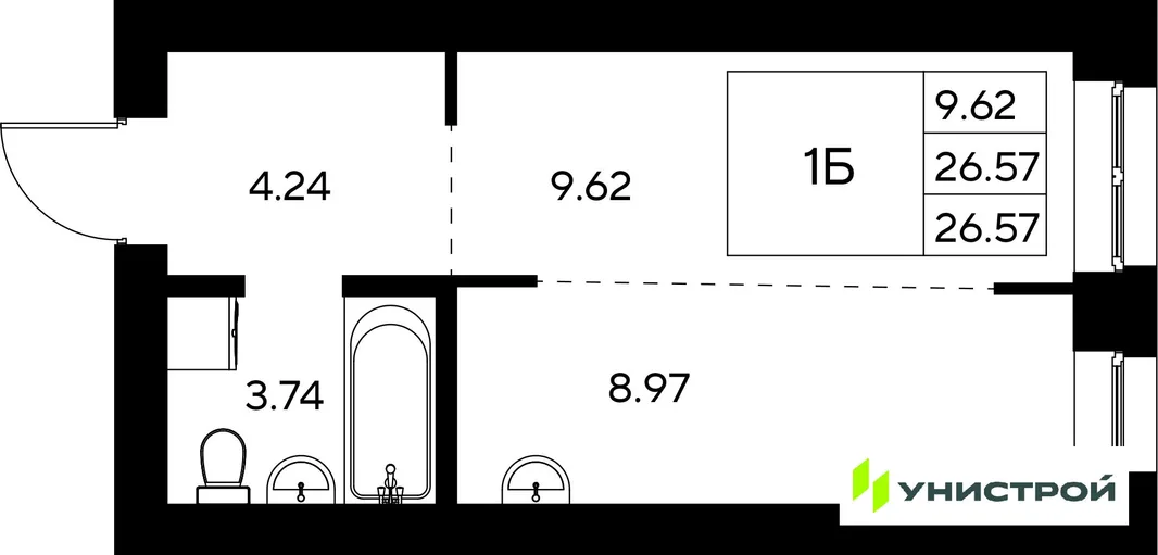 Планировка 1-комн. квартира, 26.57 м² ЖК «Царёво City»