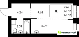 Планировка 1-комн. квартира, 26.57 м² ЖК «Царёво City»