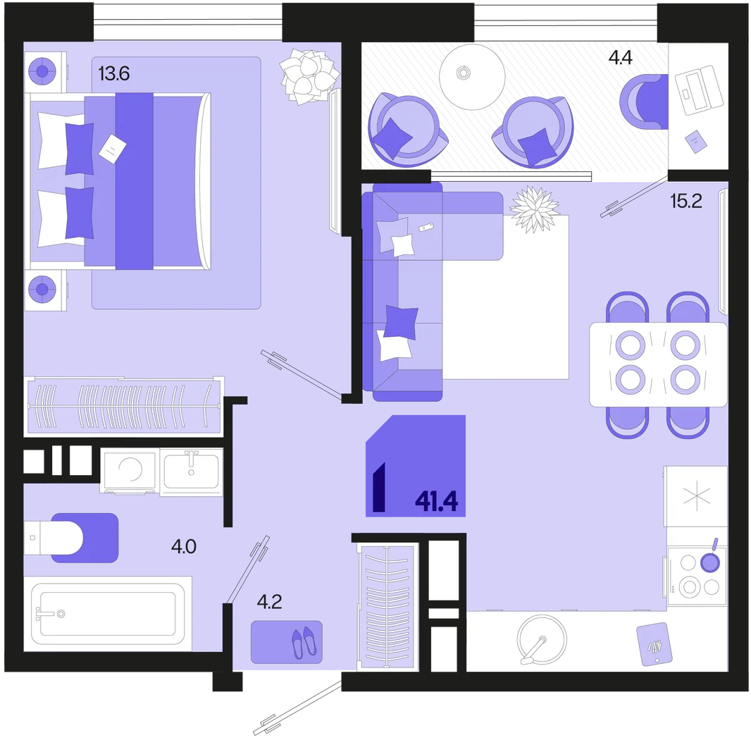 Планировка 1-комн. квартира, 41.4 м² ЖК «Первое место»
