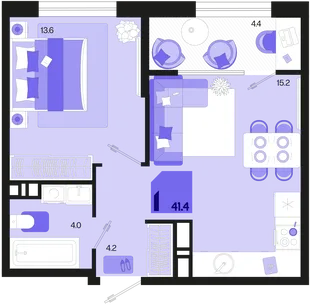 Планировка 1-комн. квартира, 41.4 м² ЖК «Первое место»