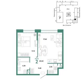 Планировка 2-комн. квартира, 40.65 м² ЖК «Юнион»