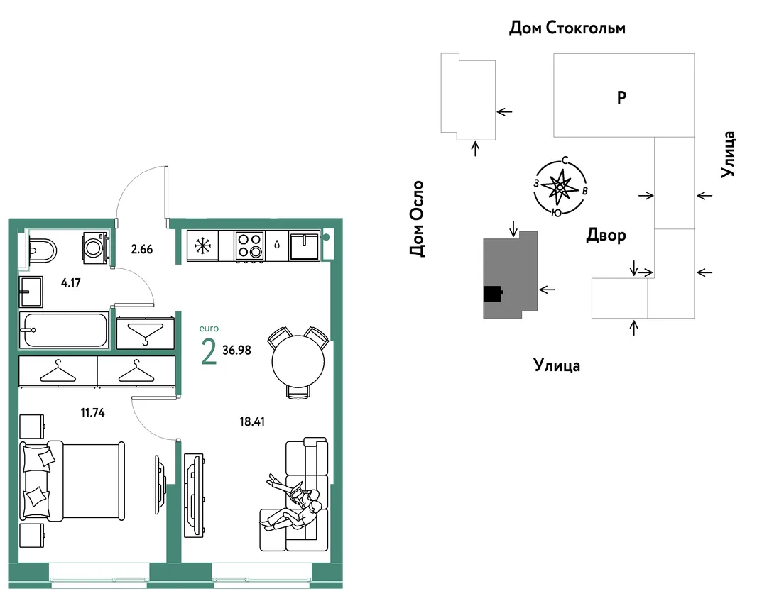 Планировка 2-комн. квартира, 36.98 м² ЖК «Европейский берег 2.0»