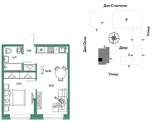 Планировка 2-комн. квартира, 36.98 м² ЖК «Европейский берег 2.0»