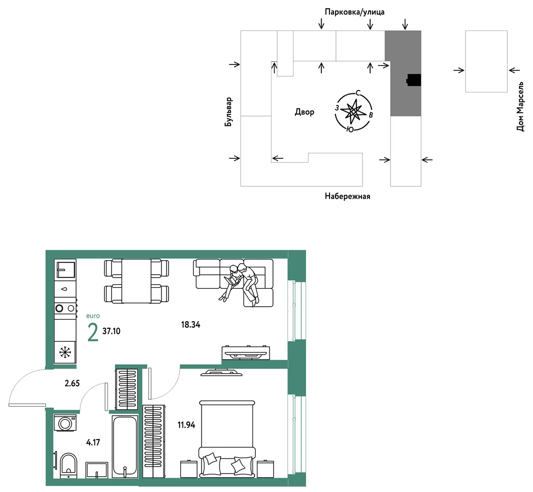 Планировка 2-комн. квартира, 37.1 м² ЖК «Европейский берег 2.0»