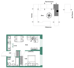 Планировка 2-комн. квартира, 37.1 м² ЖК «Европейский берег 2.0»
