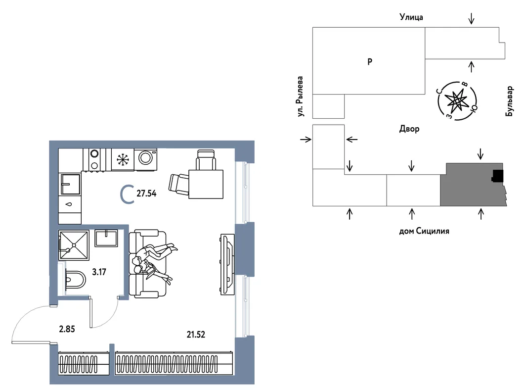 Планировка Студия, 27.54 м² ЖК «Остров-сад»