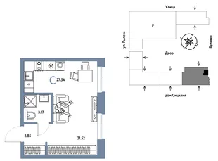 Планировка Студия, 27.54 м² ЖК «Остров-сад»
