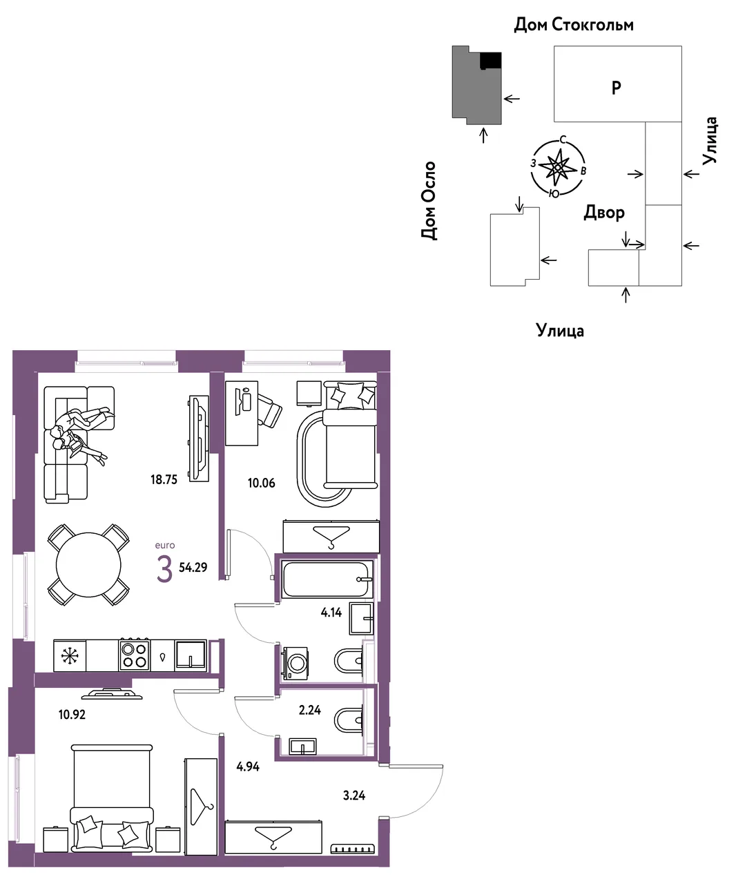 Планировка 3-комн. квартира, 54.31 м² ЖК «Европейский берег 2.0»