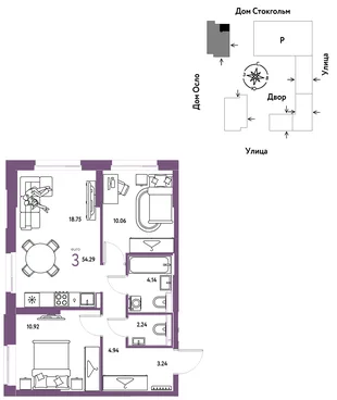 Планировка 3-комн. квартира, 54.31 м² ЖК «Европейский берег 2.0»