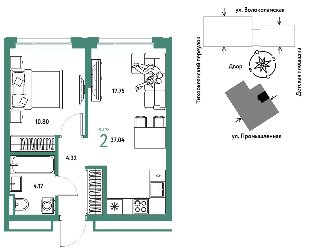 Планировка 2-комн. квартира, 37.04 м² ЖК «Страна Прибрежная»
