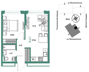 Планировка 2-комн. квартира, 37.04 м² ЖК «Страна Прибрежная»