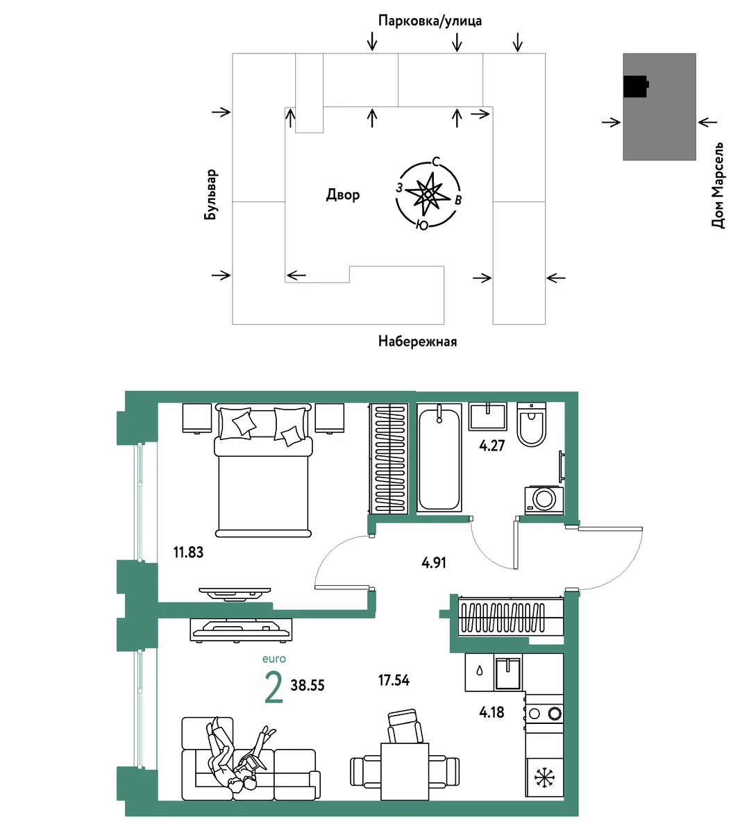 Планировка 2-комн. квартира, 38.55 м² ЖК «Европейский берег 2.0»