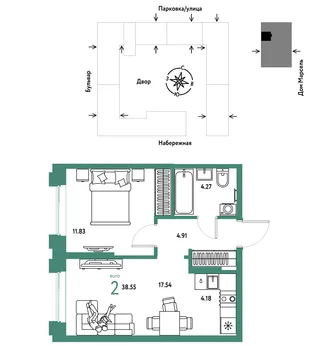 Планировка 2-комн. квартира, 38.55 м² ЖК «Европейский берег 2.0»