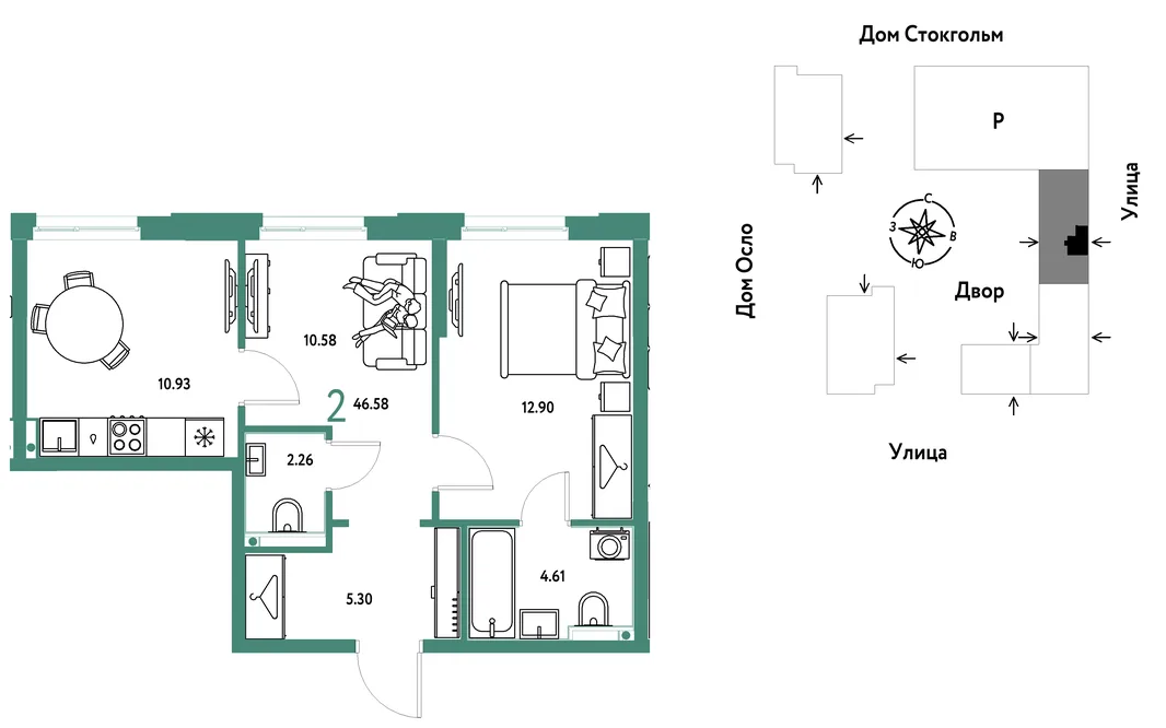 Планировка 2-комн. квартира, 46.58 м² ЖК «Европейский берег 2.0»