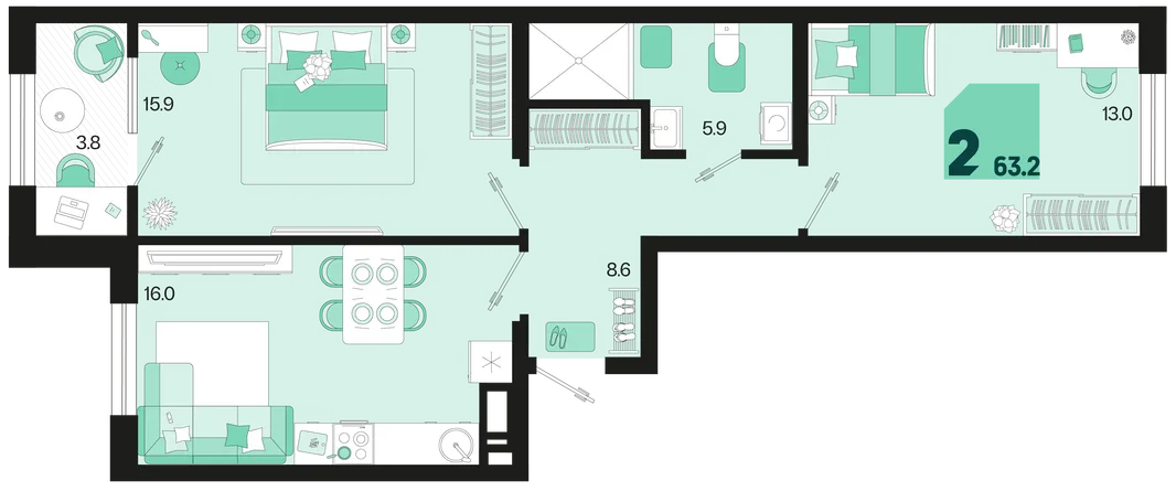 Планировка 2-комн. квартира, 63.2 м² ЖК «Первое место»