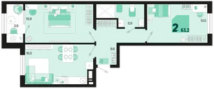 Планировка 2-комн. квартира, 63.2 м² ЖК «Первое место»