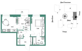 Планировка 2-комн. квартира, 49.24 м² ЖК «Европейский берег 2.0»