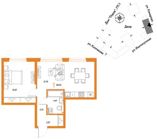 Планировка 1-комн. квартира, 48.24 м² ЖК «Страна.Парковая»