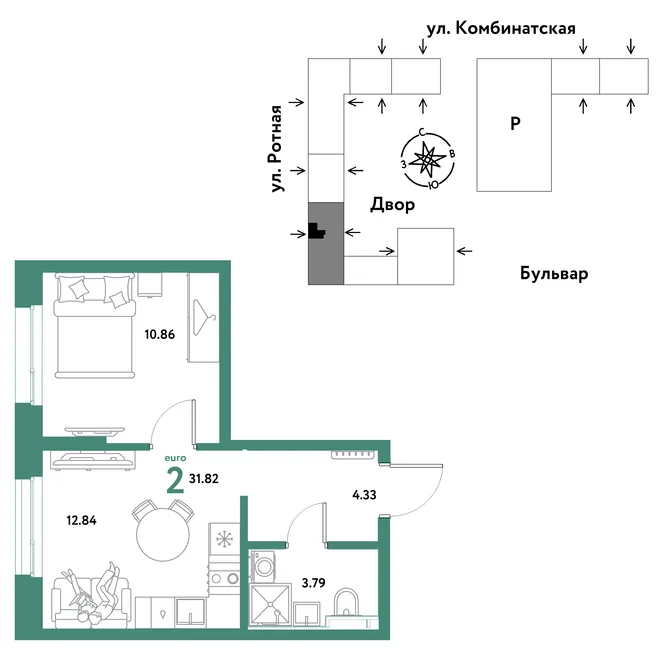 Планировка 2-комн. квартира, 31.82 м² ЖК «Уральский сад» Планировка 2-комн. квартира, 31.82 м² ЖК «Уральский сад»