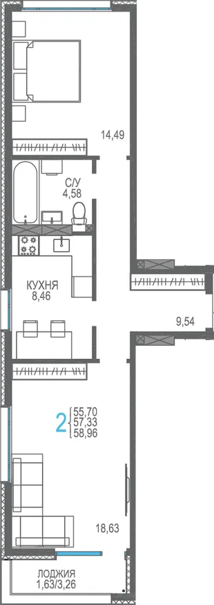 Планировка 2-комн. квартира, 58.96 м² ЖК «Розовое озеро»