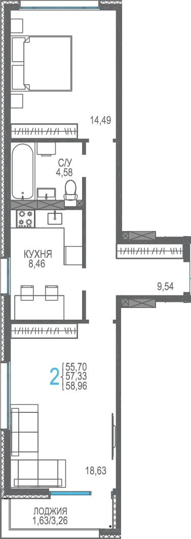 Планировка 2-комн. квартира, 58.96 м² ЖК «Розовое озеро»