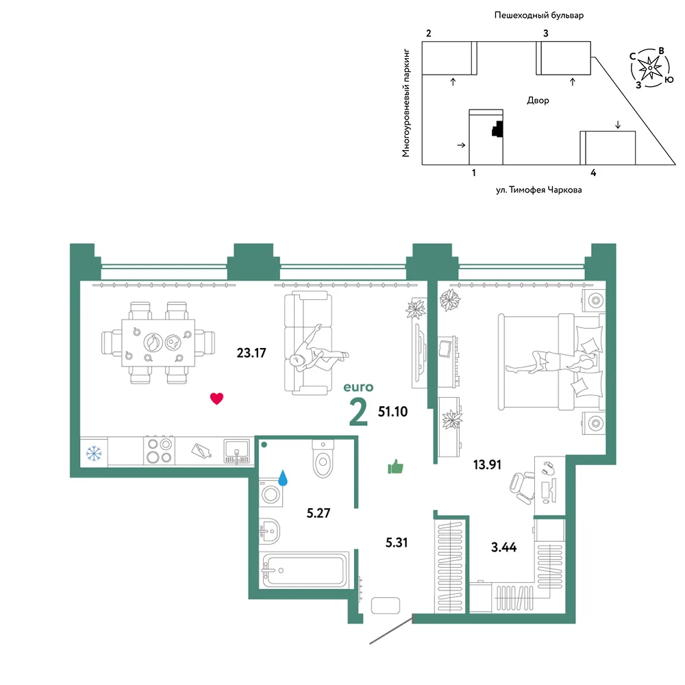 Планировка 2-комн. квартира, 51.1 м² ЖК «Микрорайон Звездный»