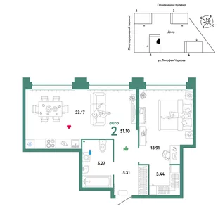 Планировка 2-комн. квартира, 51.1 м² ЖК «Микрорайон Звездный»
