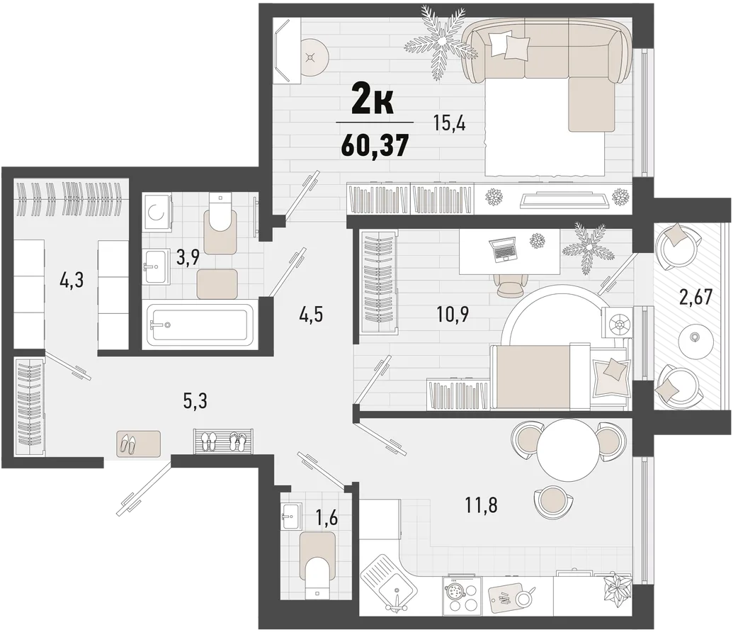 Планировка 2-комн. квартира, 60.37 м² ЖК «Барса»