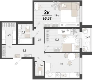 Планировка 2-комн. квартира, 60.37 м² ЖК «Барса»