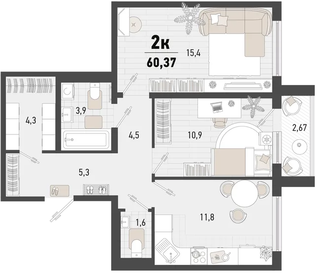 Планировка 2-комн. квартира, 60.37 м² ЖК «Барса»
