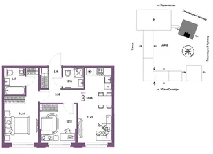 Планировка 3-комн. квартира, 55.66 м² ЖК «Сердце Сибири»