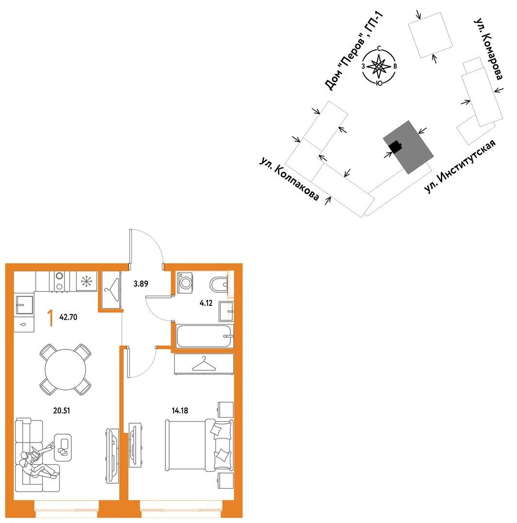 Планировка 1-комн. квартира, 42.7 м² ЖК «Страна.Парковая»