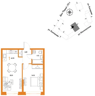 Планировка 1-комн. квартира, 42.7 м² ЖК «Страна.Парковая»