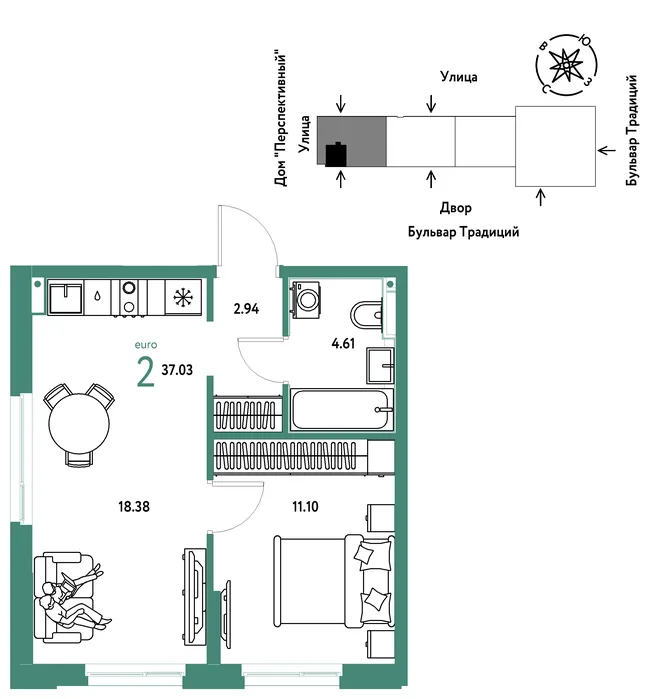 Планировка 2-комн. квартира, 37.03 м² ЖК «Микрорайон Домашний» Планировка 2-комн. квартира, 37.03 м² ЖК «Микрорайон Домашний»
