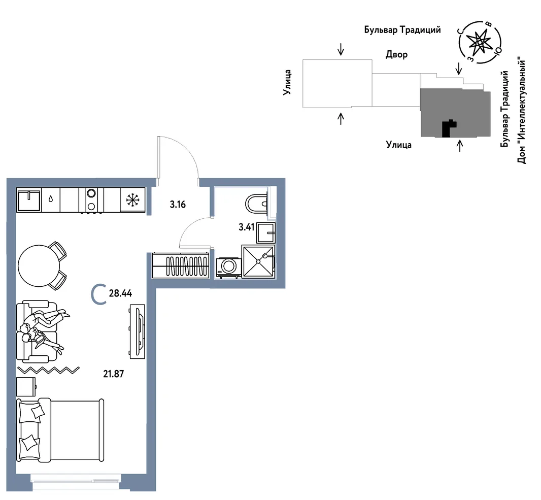 Планировка Студия, 28.44 м² ЖК «Микрорайон Домашний»
