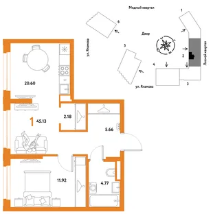 Планировка 1-комн. квартира, 45.13 м² ЖК «Сибирский сад»