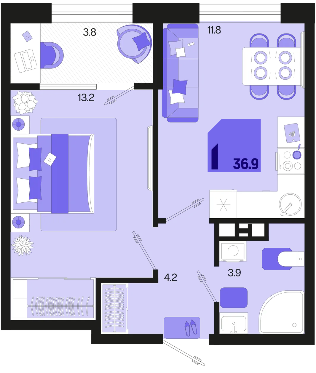 Планировка 1-комн. квартира, 36.9 м² ЖК «Первое место»