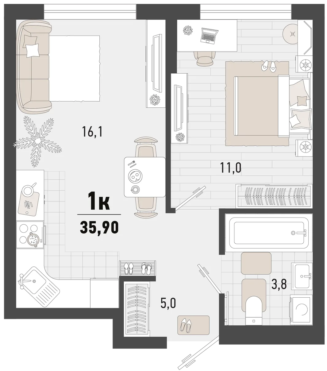 Планировка 1-комн. квартира, 35.9 м² ЖК «Барса»