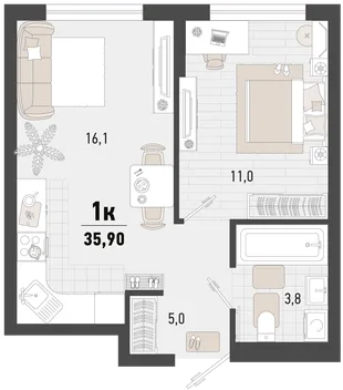 Планировка 1-комн. квартира, 35.9 м² ЖК «Барса»