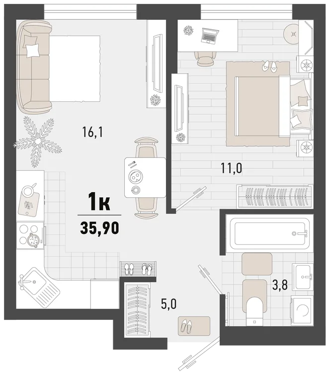 Планировка 1-комн. квартира, 35.9 м² ЖК «Барса» Планировка 1-комн. квартира, 35.9 м² ЖК «Барса»