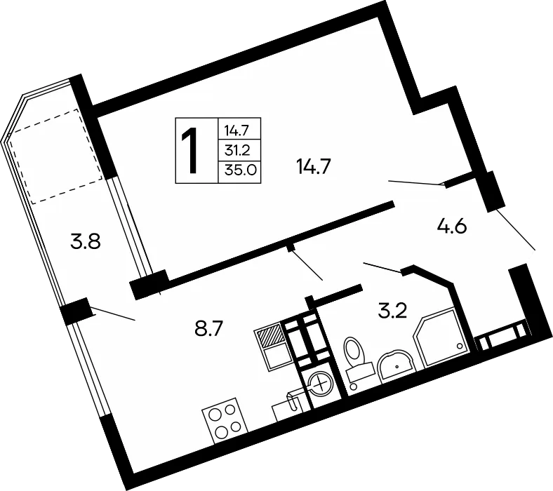 Планировка 1-комн. квартира, 35 м² ЖК «Семейный»