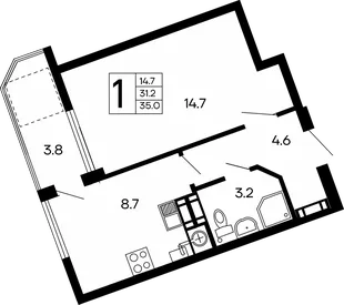 Планировка 1-комн. квартира, 35 м² ЖК «Семейный»