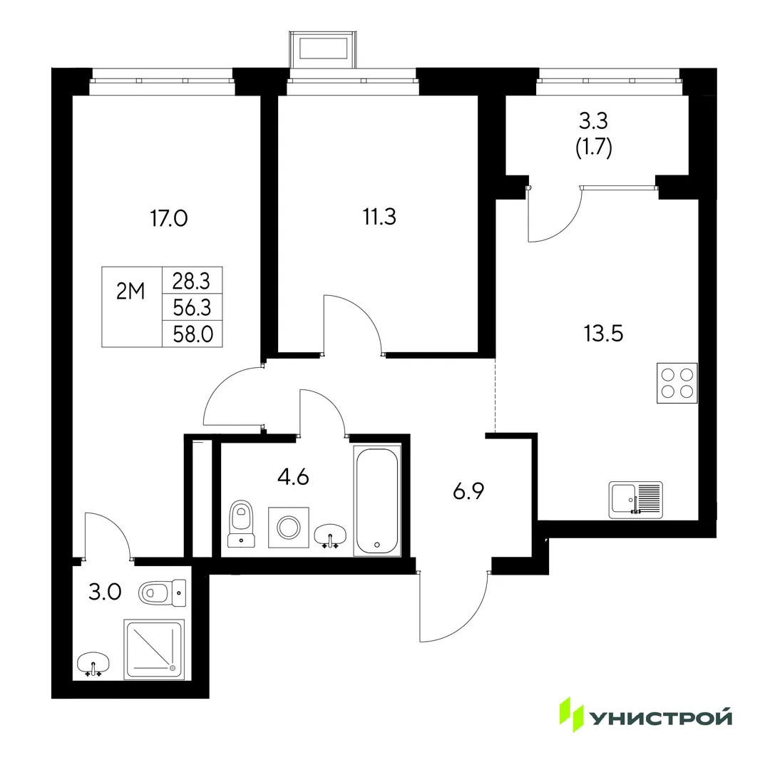 Планировка 2-комн. квартира, 58 м² ЖК «Стадиум»