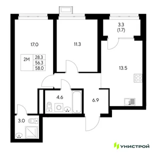Планировка 2-комн. квартира, 58 м² ЖК «Стадиум»