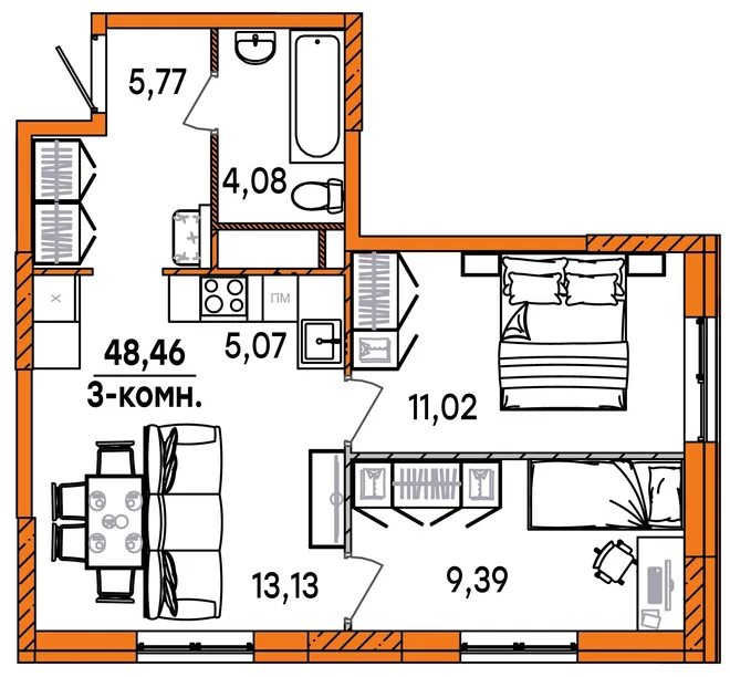 Планировка 3-комн. квартира, 48.46 м² ЖК «Юность» Планировка 3-комн. квартира, 48.46 м² ЖК «Юность»
